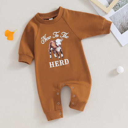0-12M Newborn Baby Boy Sweatshirt Rompers-Bull Head Letter Print, Long Sleeve Jumpsuit