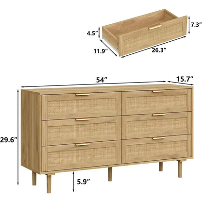Rattan 6 Drawers Dresser with Wood Legs
