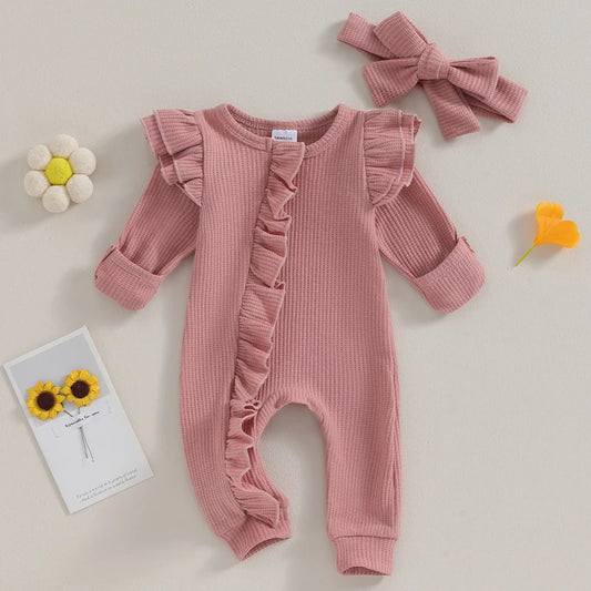 0-12M Baby Girl Ruffle Zipper Romper, Long Sleeve Jumpsuit
