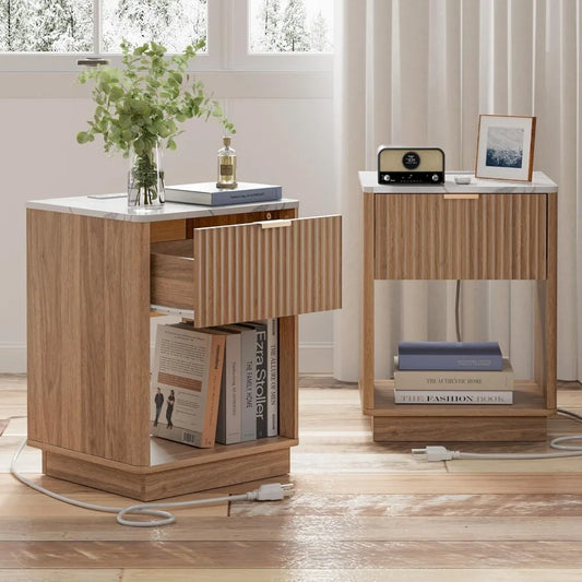 Set of 2, Nightstands with Charging Station  18" Bedside Table with Color Top, with Drawer & Open Shelf