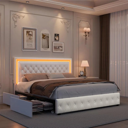 LED Upholstered Bed Frame with 4 Drawers | Adjustable Diamond Headboard • Wooden Slats • No Box Spring needed