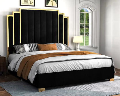 65" Velvet Upholstered King Size Platform Bed Frame with Gold Trim Headboard/Wooden Slats/No Box Spring Needed/Green