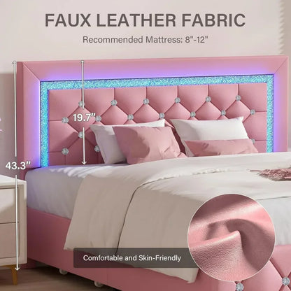 Platform Bed with Diamond Headboard and Footboard with LED, Storage Drawers