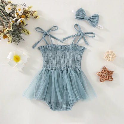 0-18M 2Pcs Summer Newborn Infant Girls, Ruffles Lace-Up Pleated Mesh Loose Romper+Hairband