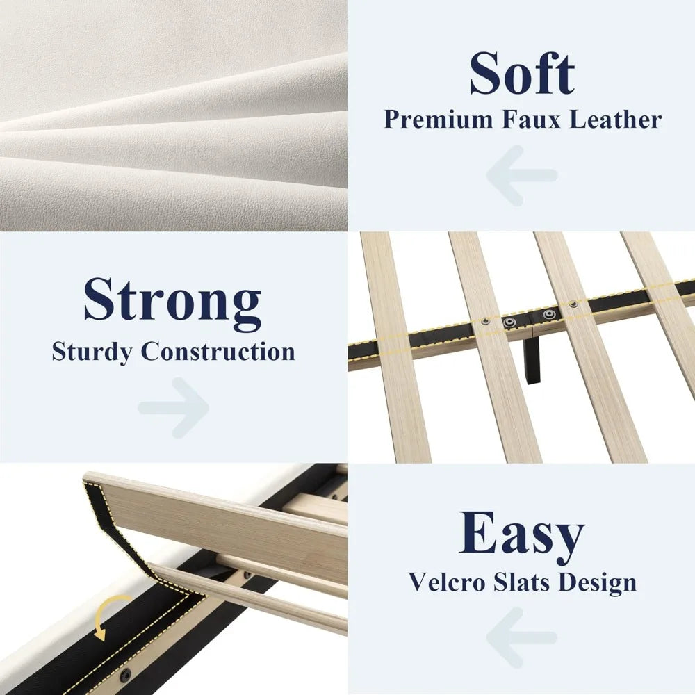 Full/Queen/king Size Bed Frame Adjustable Headboard, Faux Leather Platform Bed, Easy Assembly