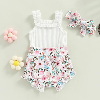 3-18M Baby Girls Shorts Set, Sleeveless Romper, Flower/Rainbow/Print Shorts, Hairband