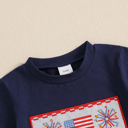 6MO-3T Baby Boy 4th of July Outfit, Short Sleeve Truck/Flag Embroidery T Shirt + Shorts