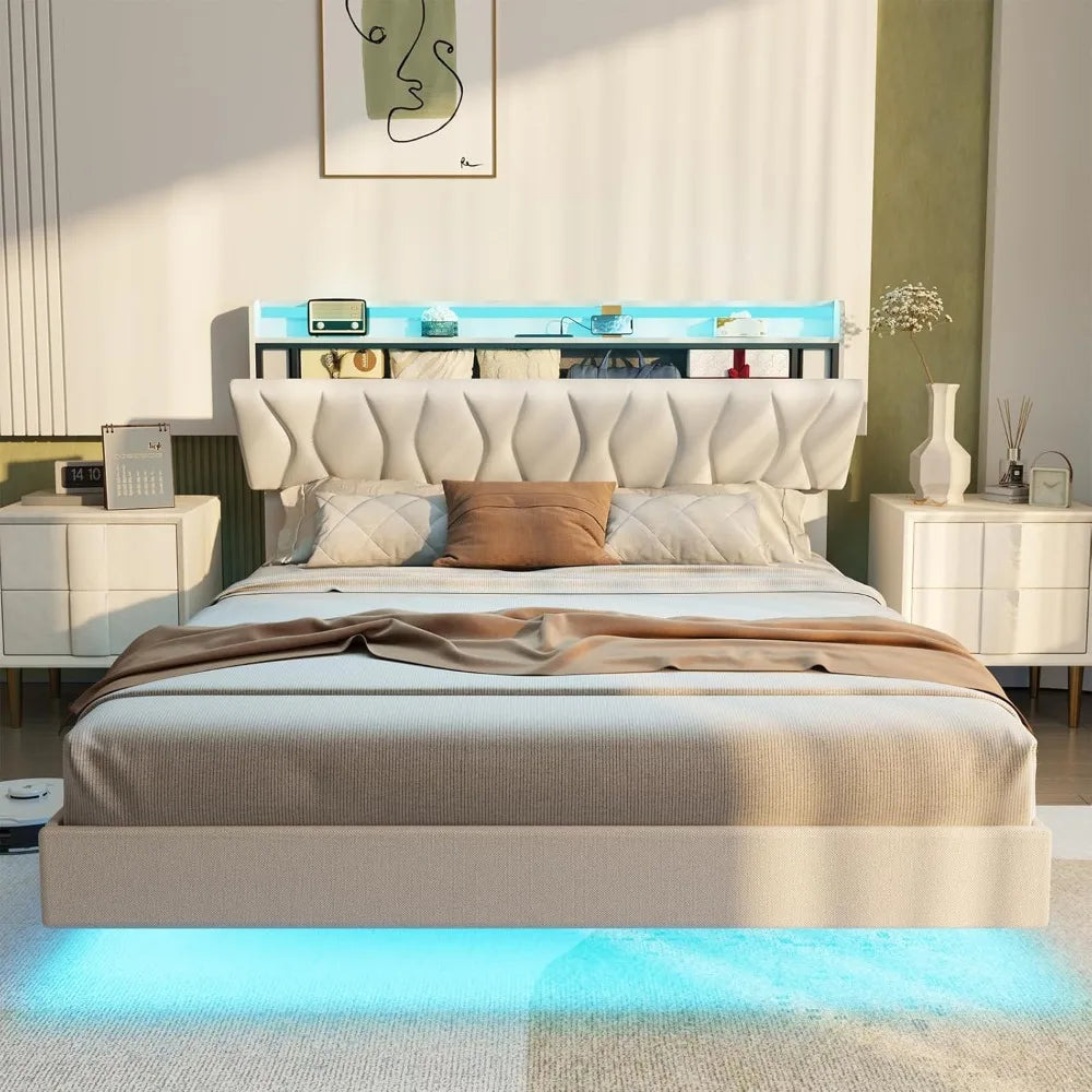 Queen Size Floating Bed Frame with Storage Headboard,  with LED Lights, Charging Station