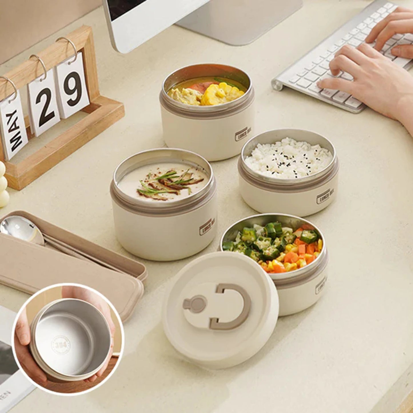 Round Picnic Lunchbox with Folding Handle stainless steel Food Containers