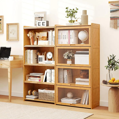 4-Tier 55" Bamboo Bookshelf with Flip-up Acrylic Doors