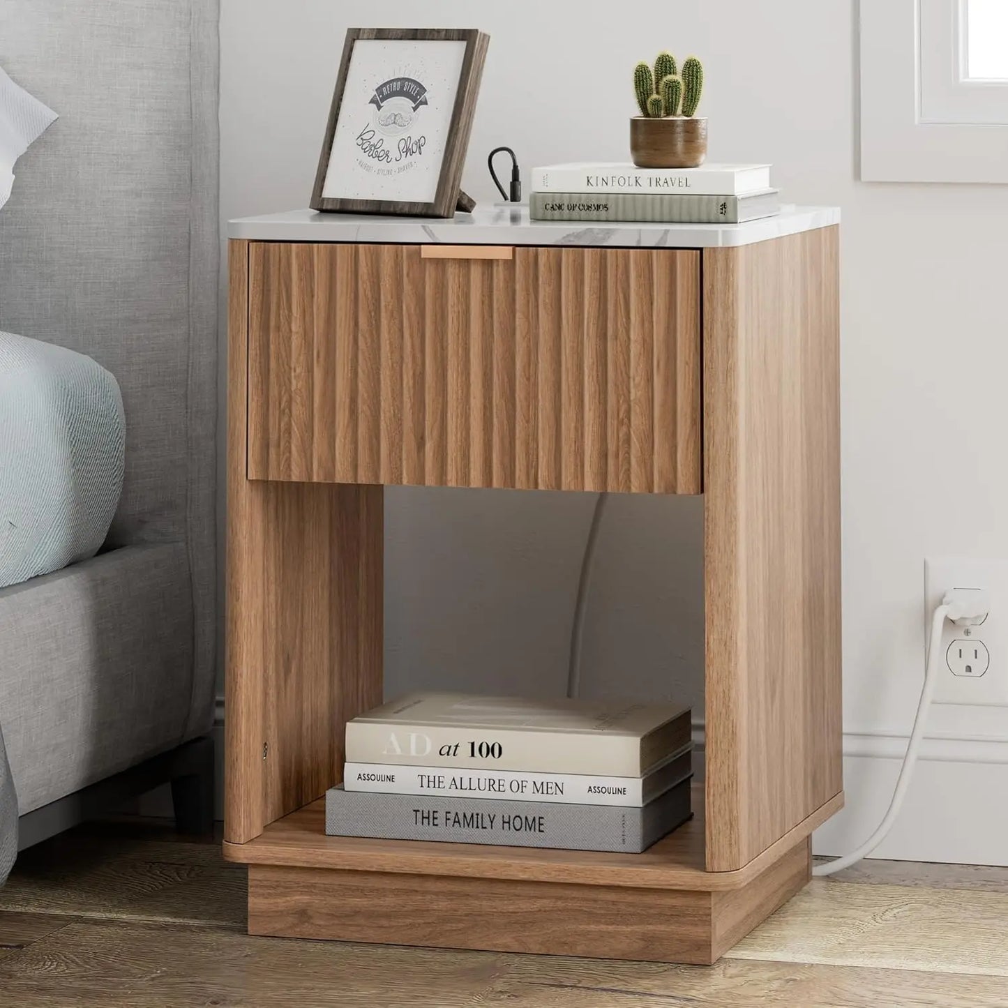 Set of 2, Nightstands with Charging Station  18" Bedside Table with Color Top, with Drawer & Open Shelf