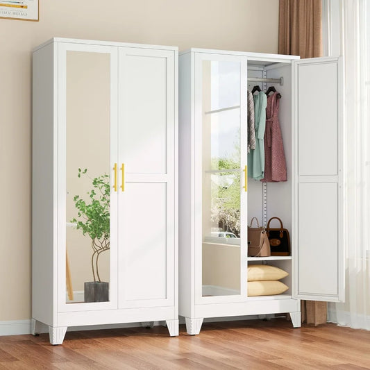 71"Metal Armoire Wardrobe w/2 Mirror Door, with Adjustable Shelves and Hanging Rod