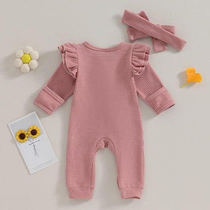 0-12M Baby Girl Ruffle Zipper Romper, Long Sleeve Jumpsuit