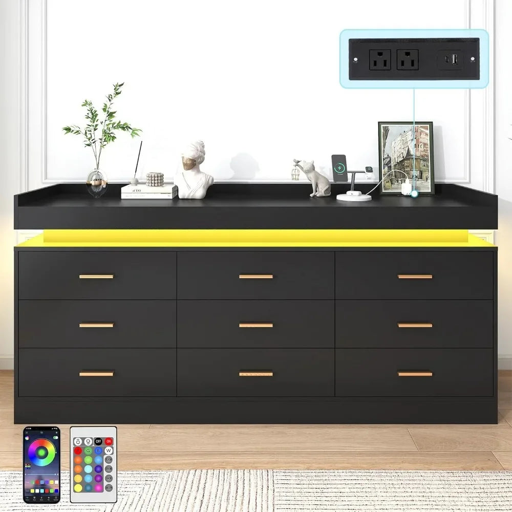 9 Drawer Dresser with Charging Station and LED Lights, Power Outlet