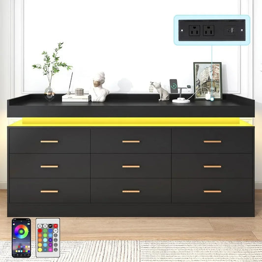 9 Drawer Dresser with Charging Station and LED Lights, Power Outlet
