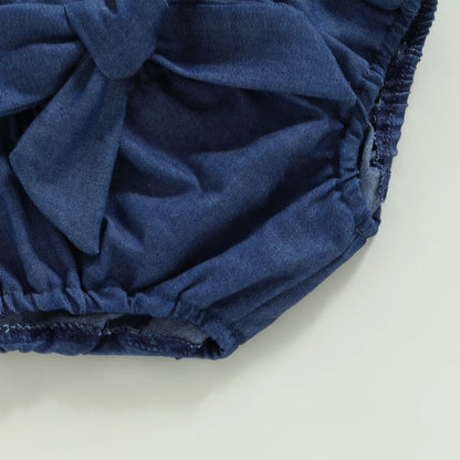 6-24 MO Infant Girl Outfit, Solid Color Halter Neck Knit Sweater Romper, Denim Shorts, Belt, Headband