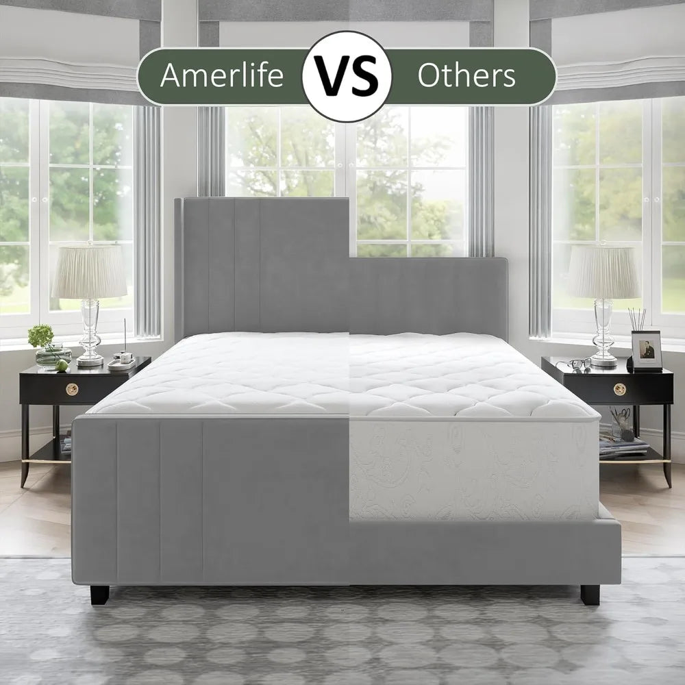 Velvet Upholstered Platform Bed with Vertical Channel Tufted Headboard & Footboard/Wingback, Mattress Foundation with Wood Slat