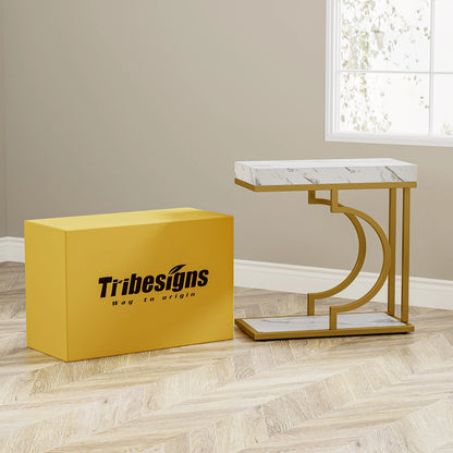 Narrow White Gold Side C Shaped End/Bedside Table