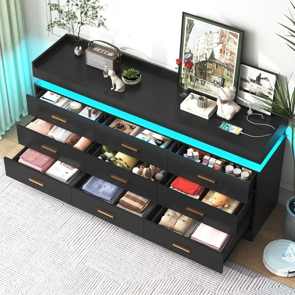9 Drawer Dresser with Charging Station and LED Lights, Power Outlet