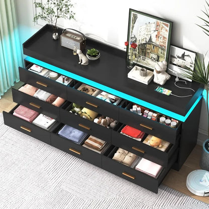 9 Drawer Dresser with Charging Station and LED Lights, Power Outlet