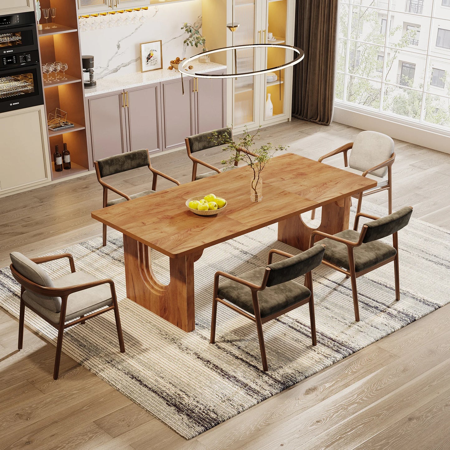71" Large Kitchen Dining Table with Wood Pedestal Base, Seats 6-8