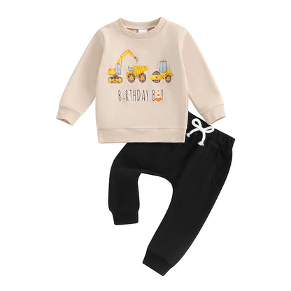 18MO-5T Little Boy Birthday Outfit, Excavator Print, Long Sleeve Sweatshirt w/Pants with Pockets