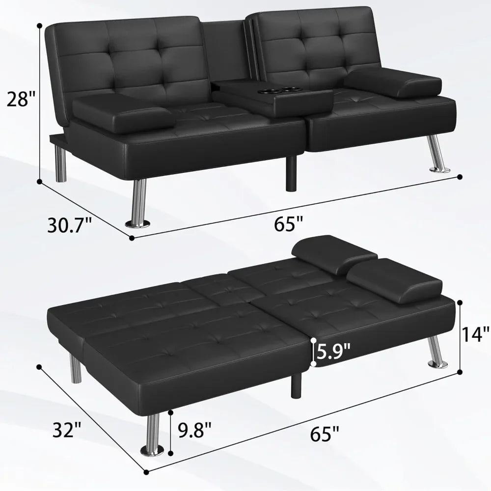 Folding Futon Set Convertible Recliner Lounge with Cup Holders, Removable Armrests