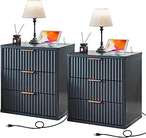 Set of 2, 23" Wide Night Stand with Charging Station, 3 Drawers w/Metal Handle