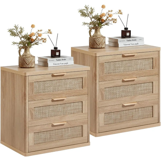 Set of 2, 23" Large 3 Drawer Sidestand, Natural Wood