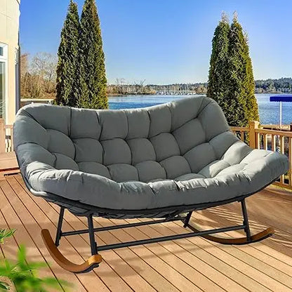 Double Papasan Patio Rocking Chair with Thick Cushions, 660LBS Capacity
