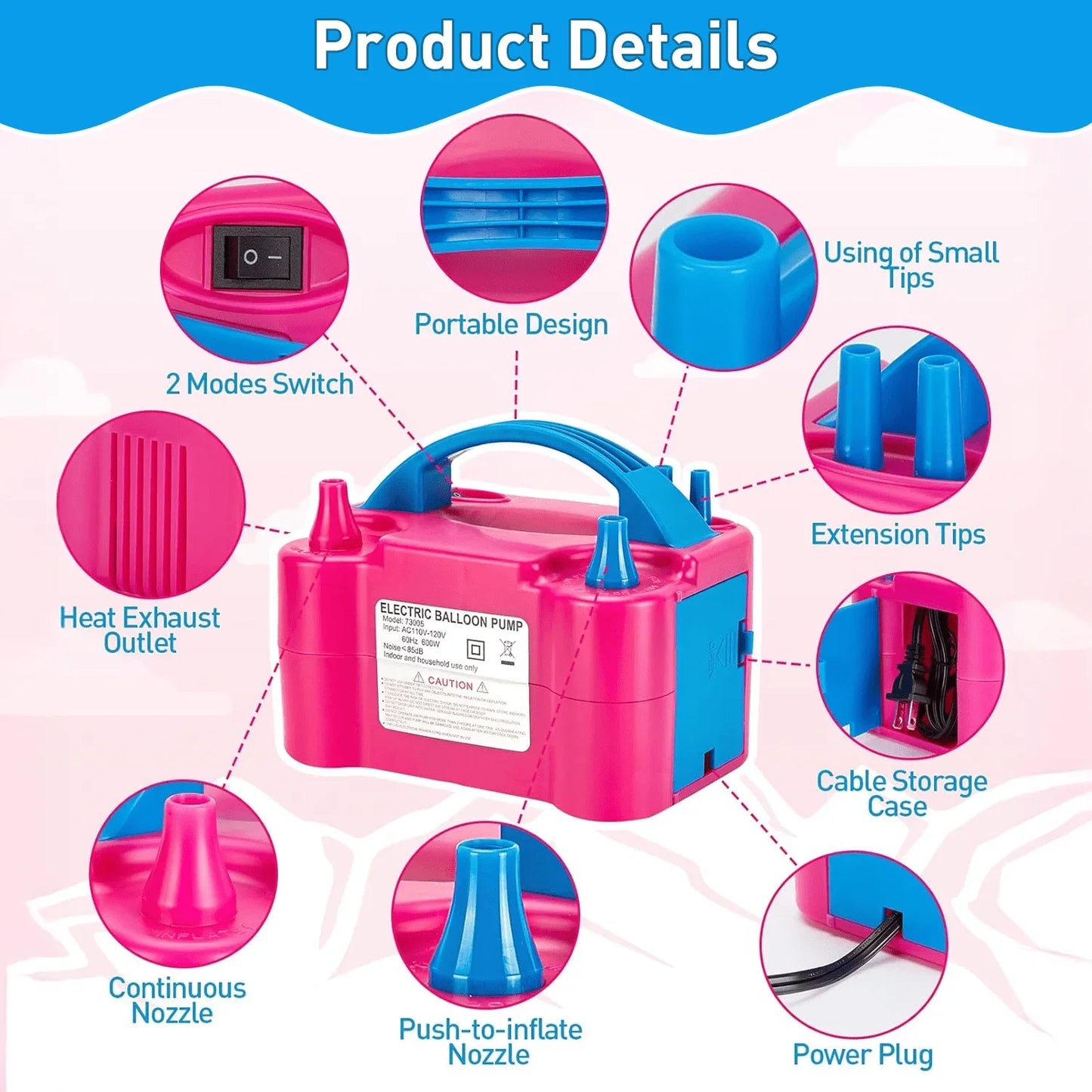 Double Nozzle Electric Balloon Inflation Pump, 600W Portable