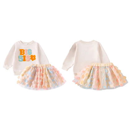 0 MO-5Y Kids Girls Skirt Set, Long Sleeve Embroidery Letters Sweatshirt with Flower Tulle Skirt 2-piece Outfit
