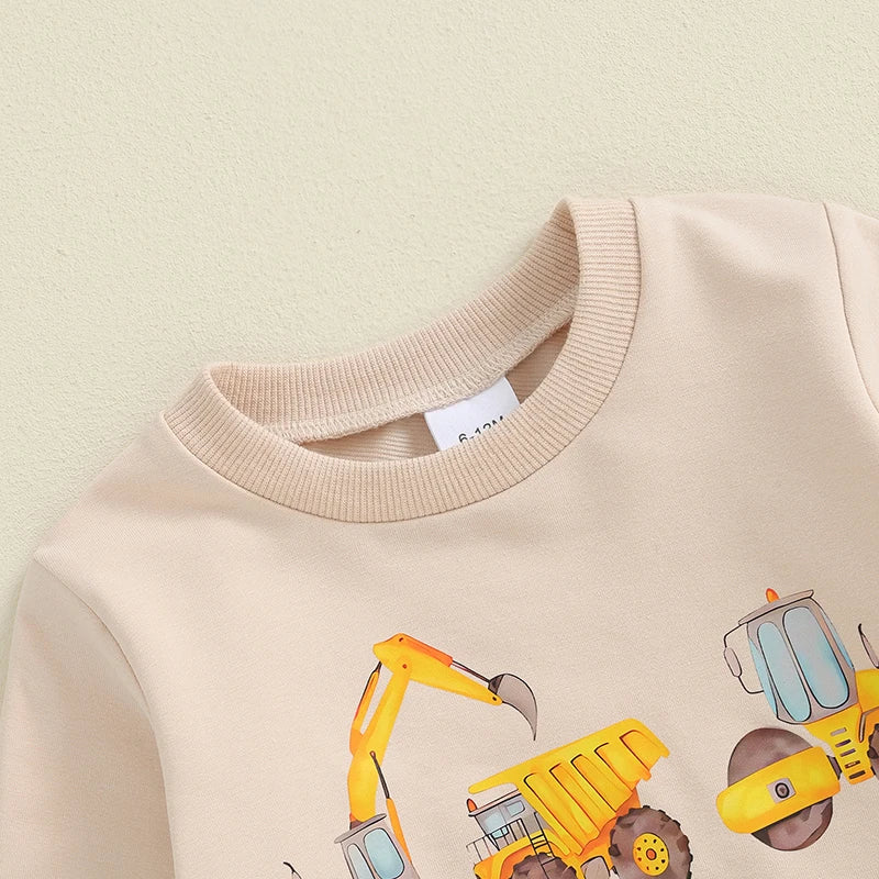18MO-5T Little Boy Birthday Outfit, Excavator Print, Long Sleeve Sweatshirt w/Pants with Pockets