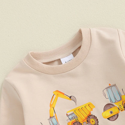 18MO-5T Little Boy Birthday Outfit, Excavator Print, Long Sleeve Sweatshirt w/Pants with Pockets