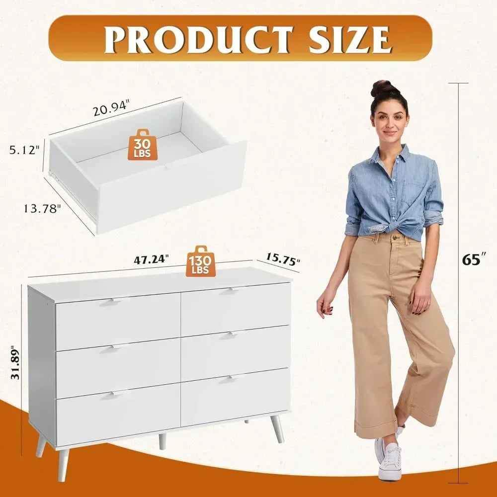 6 Drawer, 47.24'' Wide Wood Dresser with Sturdy Metal Handle