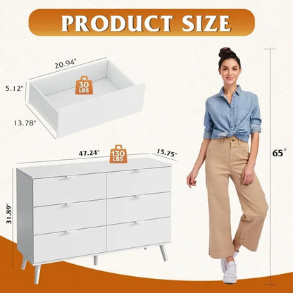 6 Drawer, 47.24'' Wide Wood Dresser with Sturdy Metal Handle