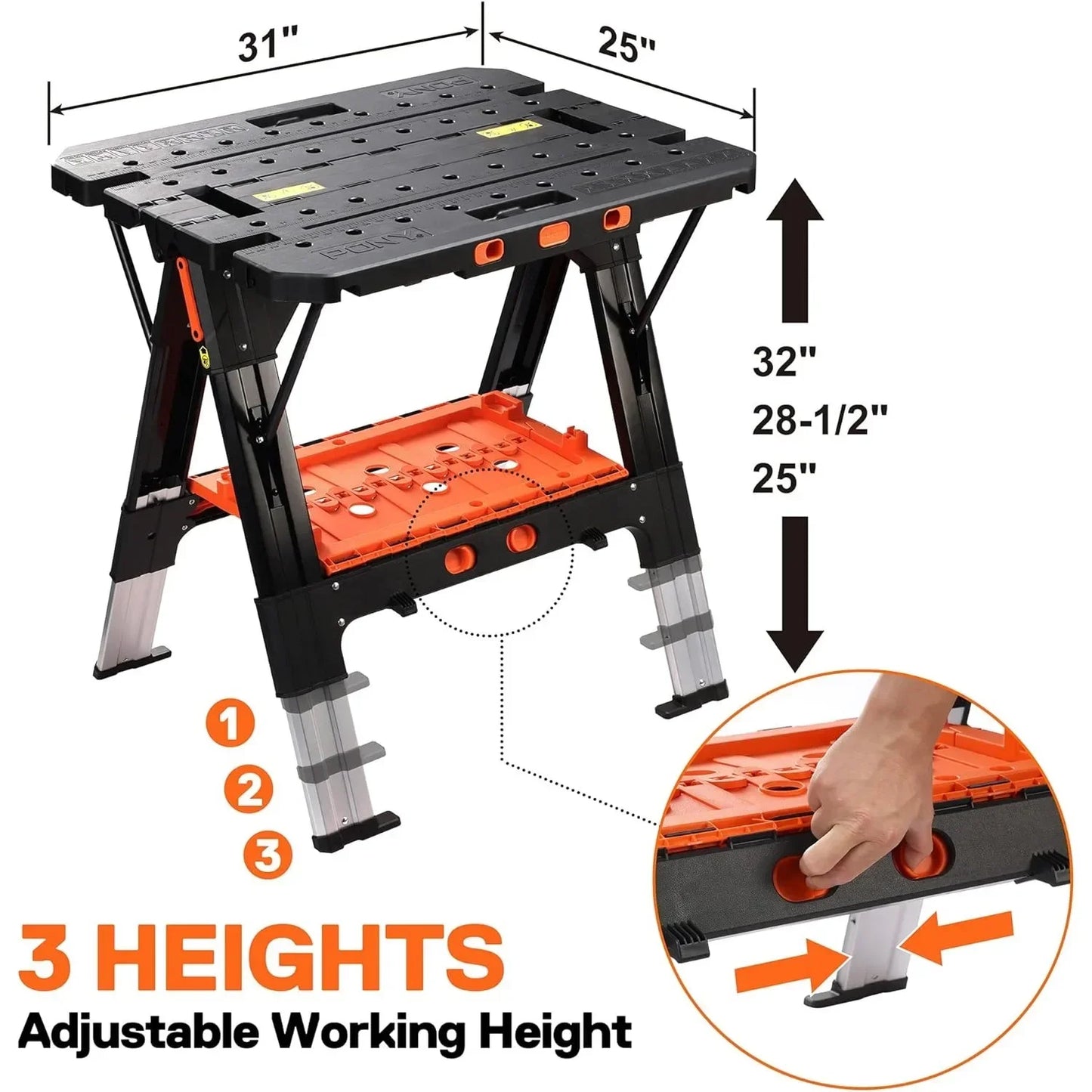 2-in-1 as Sawhorse & Workbench, Load Capacity 1000 lbs-Sawhorse & 500 lbs-Workbench