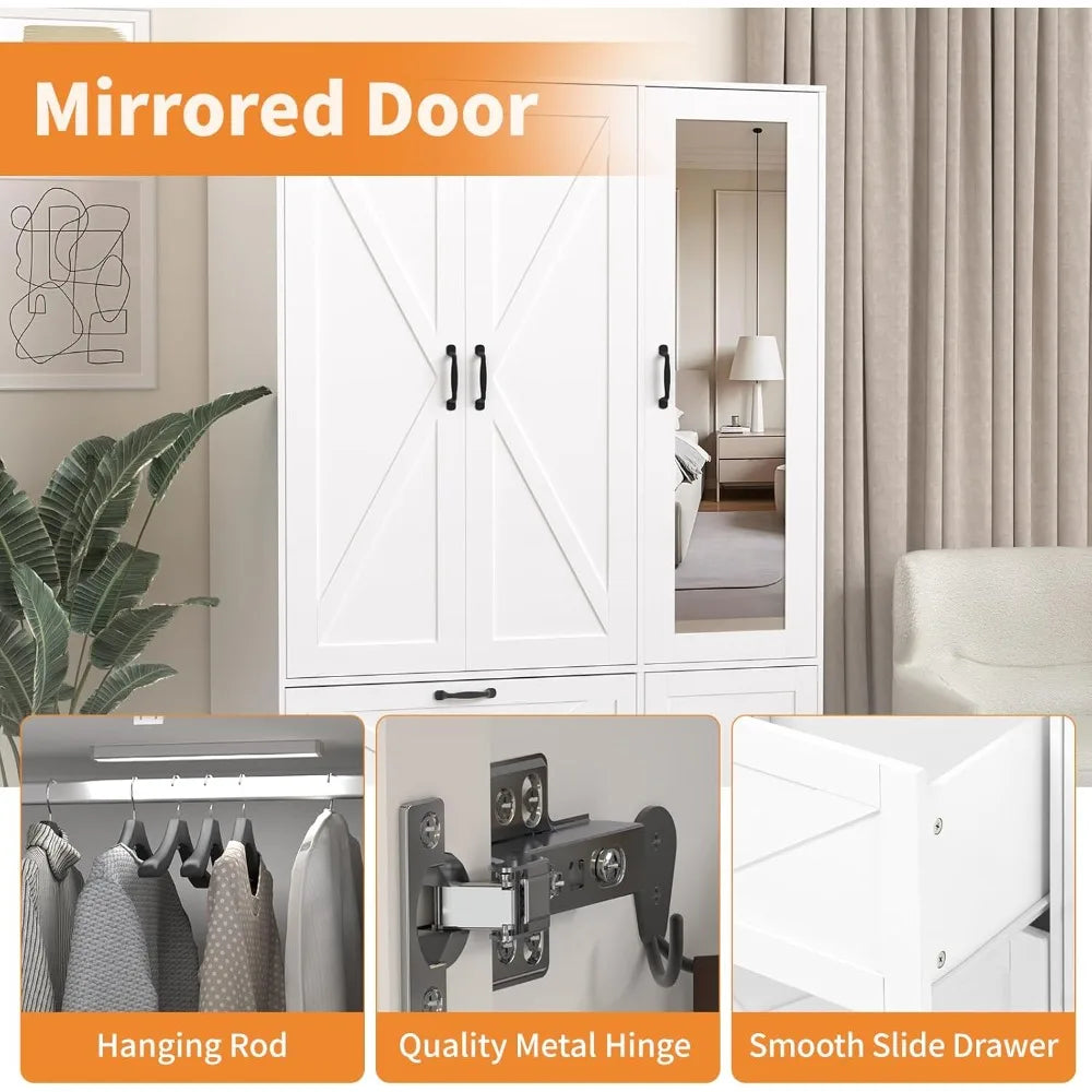 72''H Armoire Wardrobe Cabinet with Mirror and 2 Drawers,  Hanging Rod and Light
