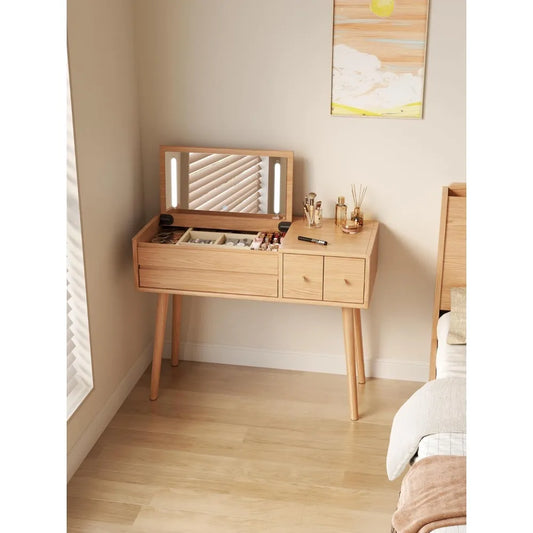 Wood Vanity/Desk with Mirror and Lights, Set 4 Drawers