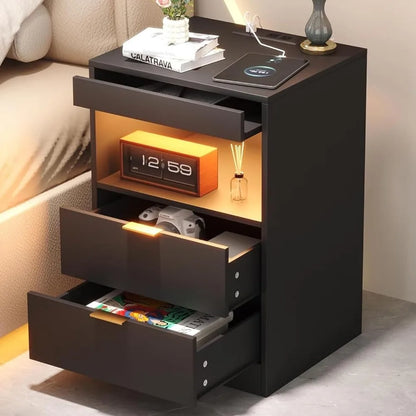 LED  Side stand with Charging Station, with 2 Pull-out drawers and Pull-out Shelf