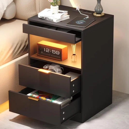LED  Side stand with Charging Station, with 2 Pull-out drawers and Pull-out Shelf