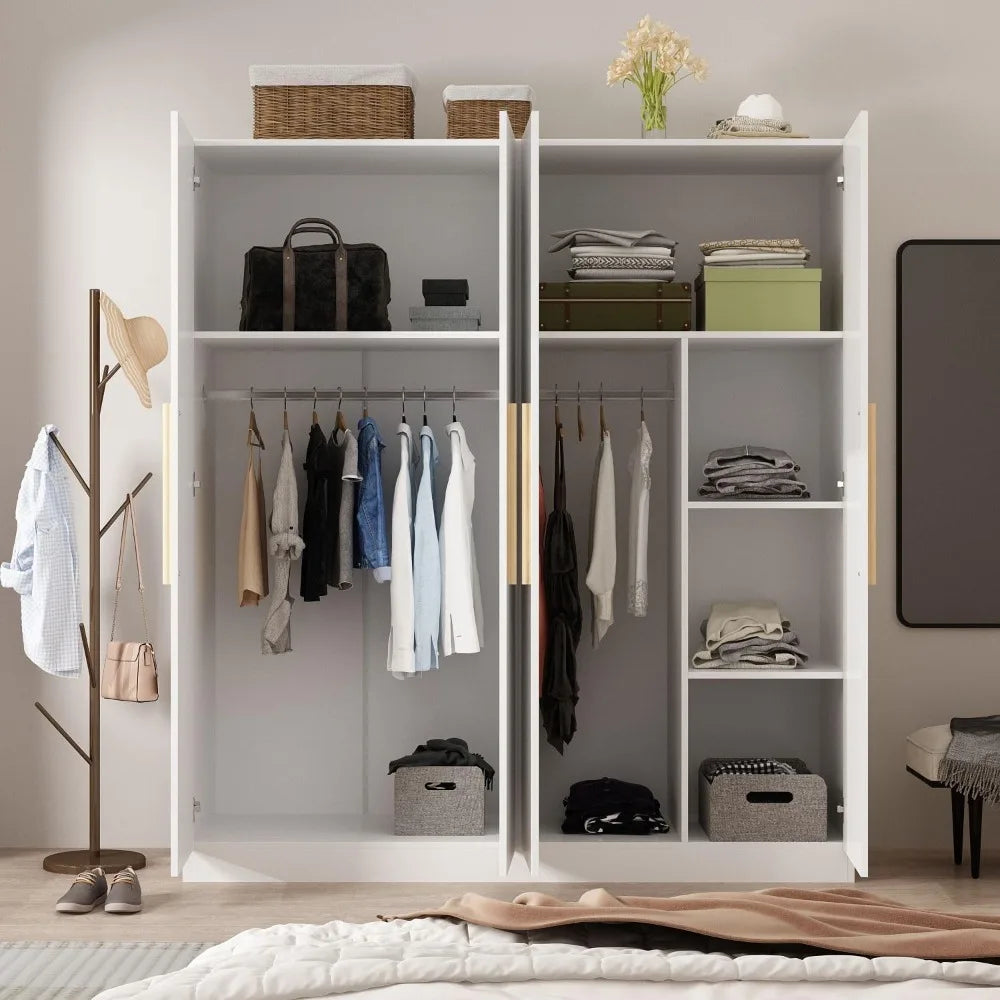 4 Door Wardrobe Armoires w/Storage Shelves, w/Hanging Rod, Wooden Handles