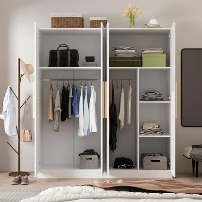4 Door Wardrobe Armoires w/Storage Shelves, w/Hanging Rod, Wooden Handles