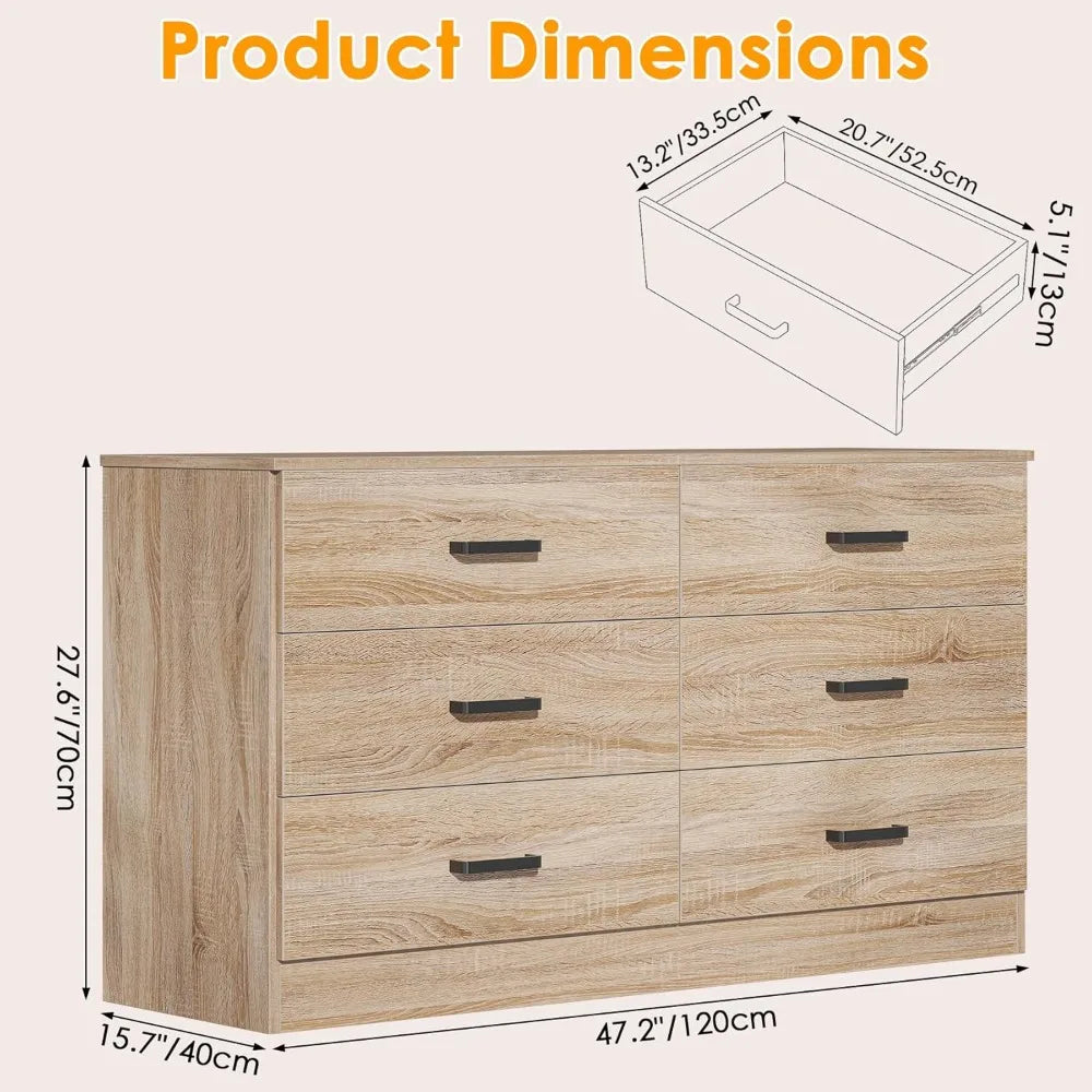 6 Drawer Double Dresser, with Deep Drawers, TV Stand Large Storage Organizer
