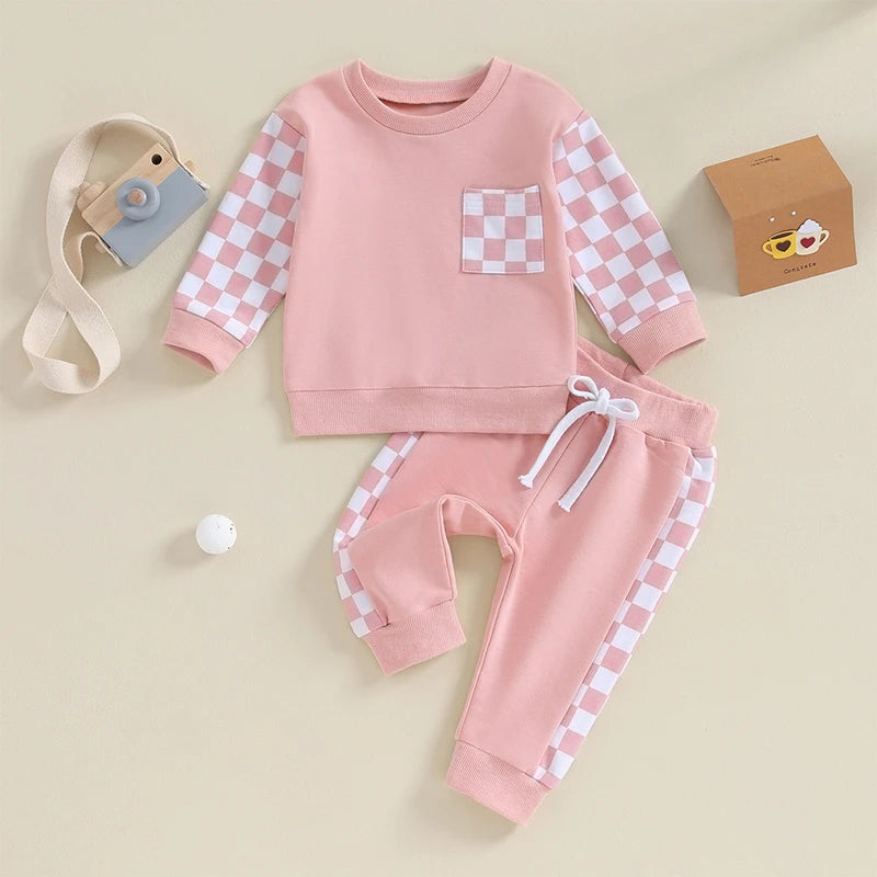 0 MO-3Y Girl Clothes Outfits, Long Sleeve, Checkboard Sweatshirt and Pants Set