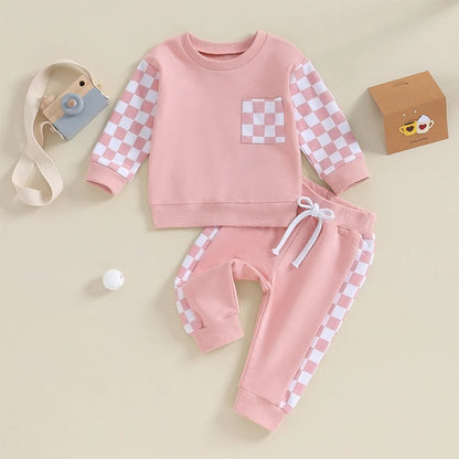 0 MO-3Y Girl Clothes Outfits, Long Sleeve, Checkboard Sweatshirt and Pants Set