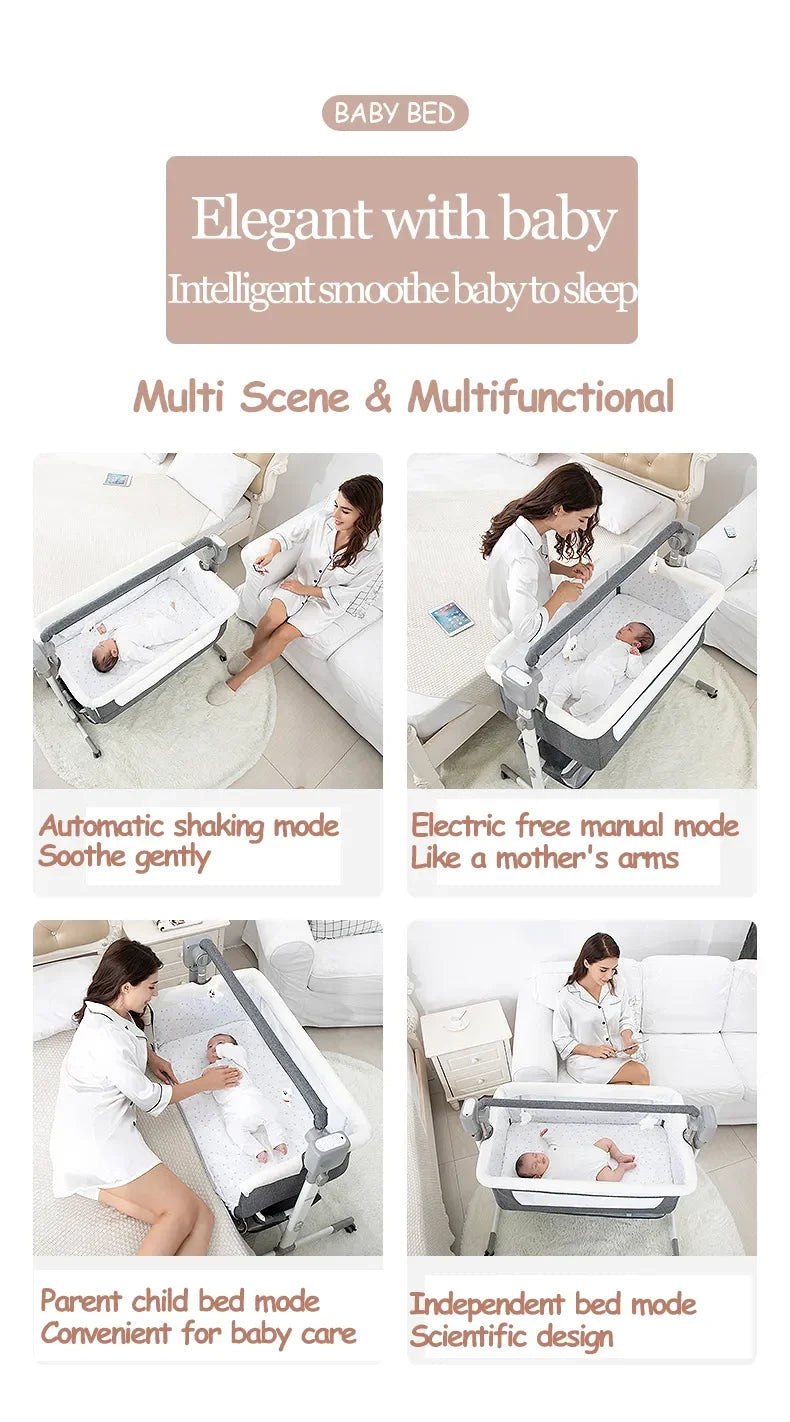 Electric Baby Crib, Bluetooth Luxury Portable, Easy to Clean Travel Bed with Mattress