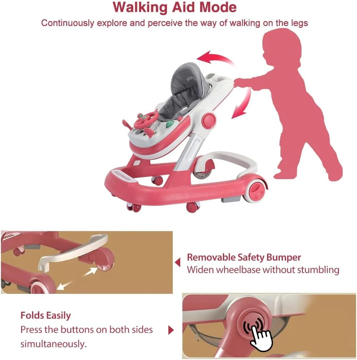 Toddler Baby Push Walker with Removable Feeding Tray and Music Tray(Without Battery), Foldable Walker