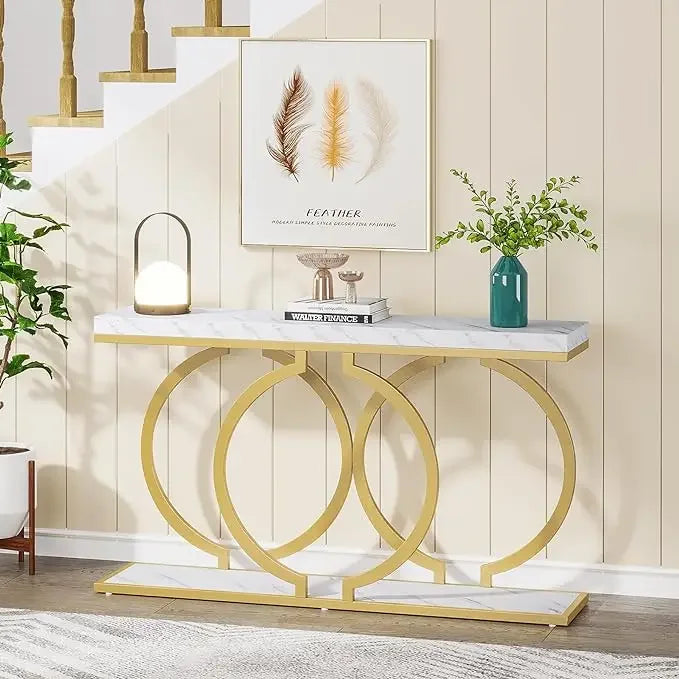 55 inch Gold Console Faux Marble Entryway Table