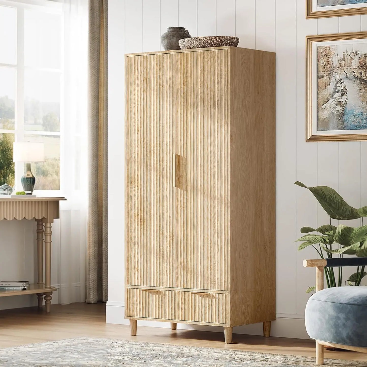 Wardrobe Armoire with Doors And Drawers, with Hanging Rack, Oak